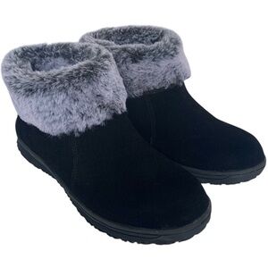 Minnetonka Boots Leather Suede Faux Fur Trim Booties Tread Sole Shoeties Black 7